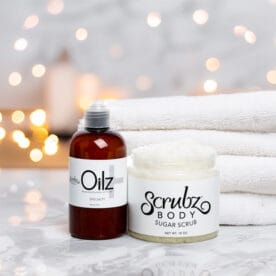 Holiday lights with Oilz+ and ScrubzBody Sugar Scrub